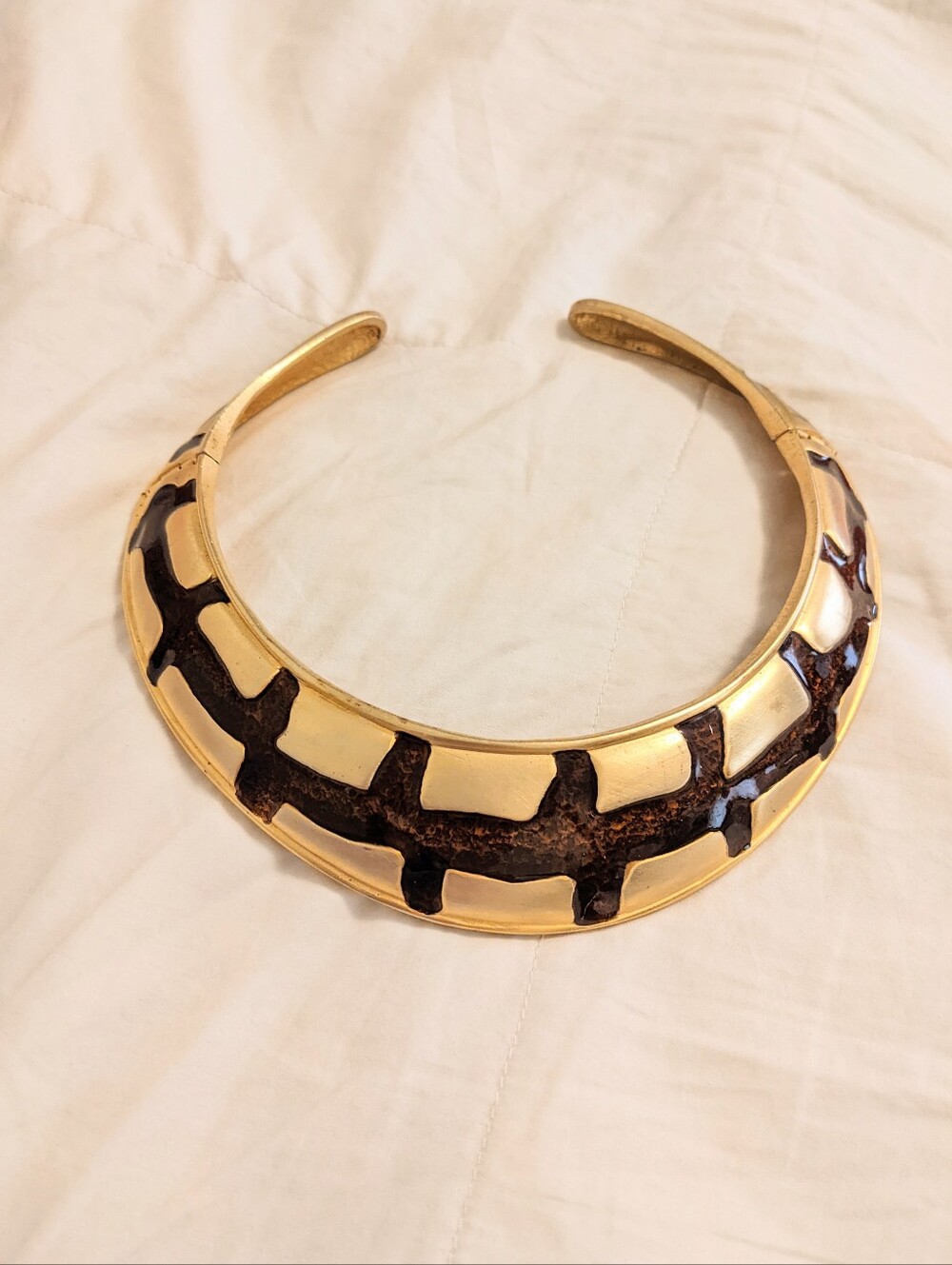 Vintage 80's Gold Collar Necklace Brown Enamel Hinged Statement Bold Giraffe